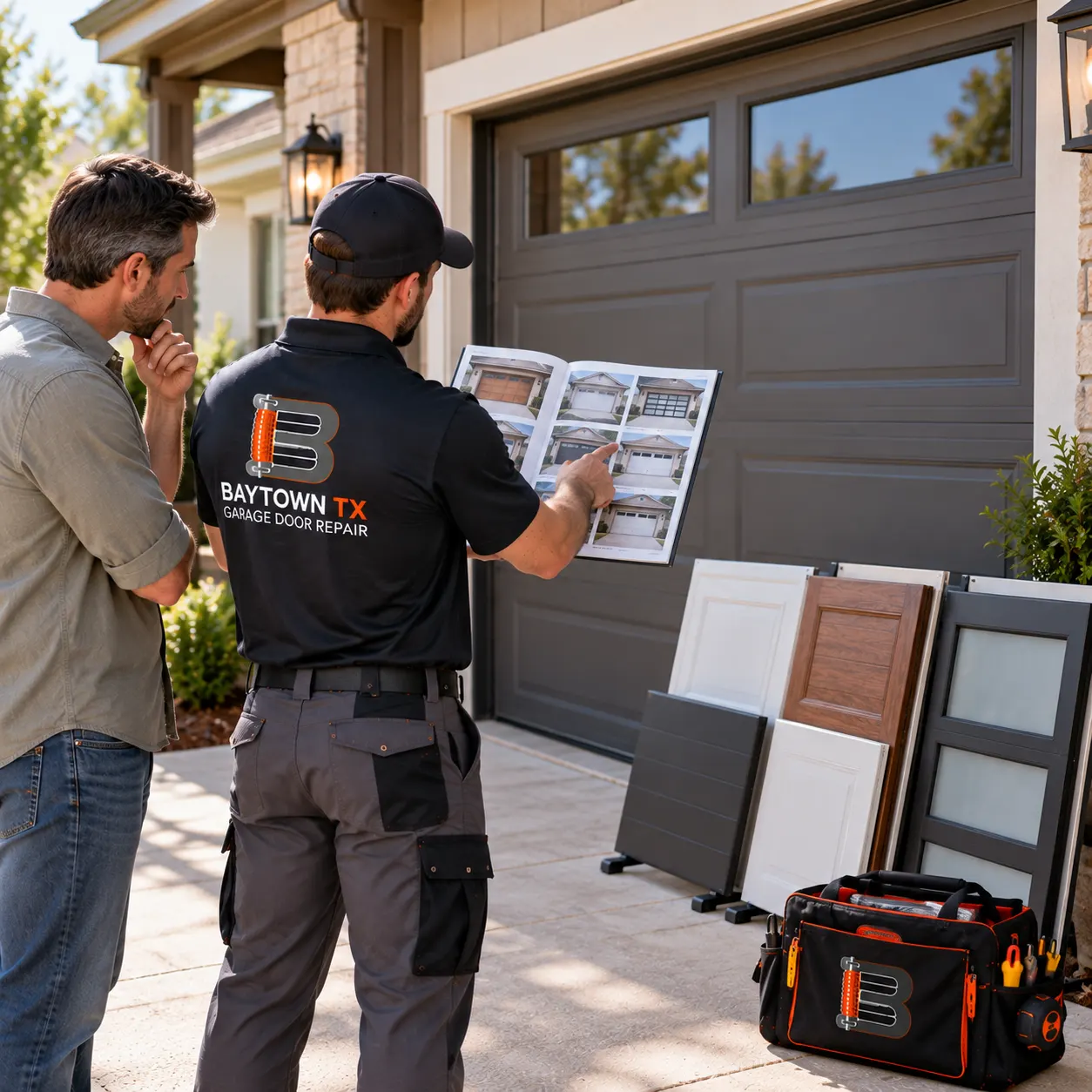 Homeowner comparing door designs with a technician